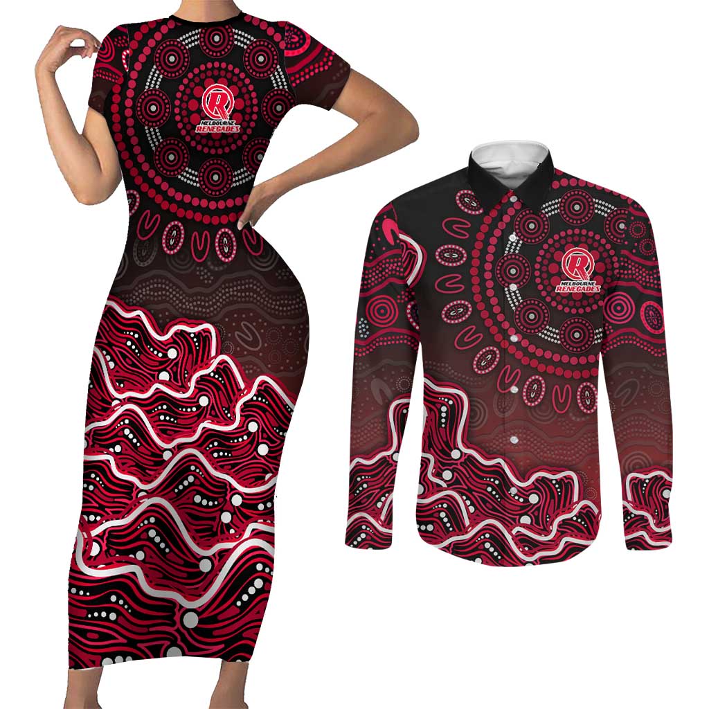 Melbourne Renegades Cricket Mascot Couples Matching Short Sleeve Bodycon Dress and Long Sleeve Button Shirt Aboriginal Dot Art Red And Black Tribal Pattern