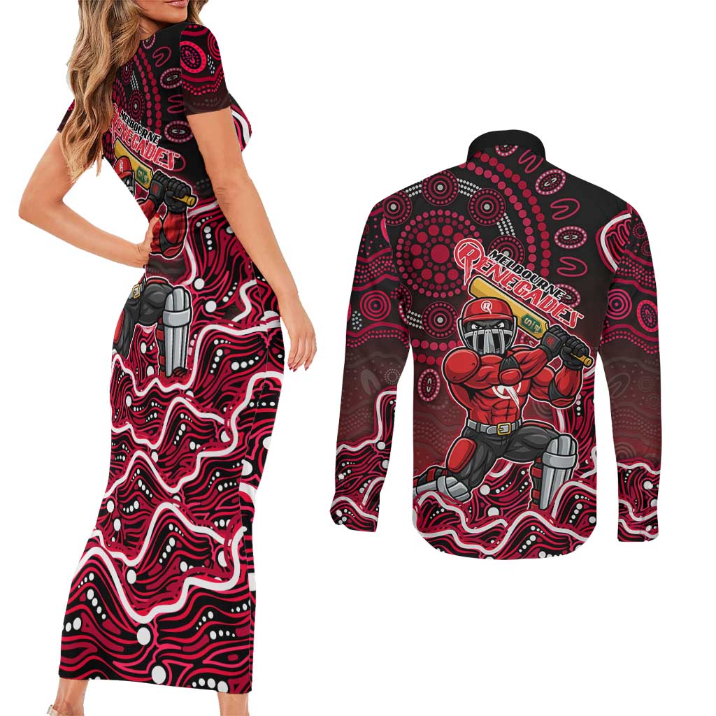 Melbourne Renegades Cricket Mascot Couples Matching Short Sleeve Bodycon Dress and Long Sleeve Button Shirt Aboriginal Dot Art Red And Black Tribal Pattern