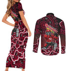 Melbourne Renegades Cricket Mascot Couples Matching Short Sleeve Bodycon Dress and Long Sleeve Button Shirt Aboriginal Dot Art Red And Black Tribal Pattern