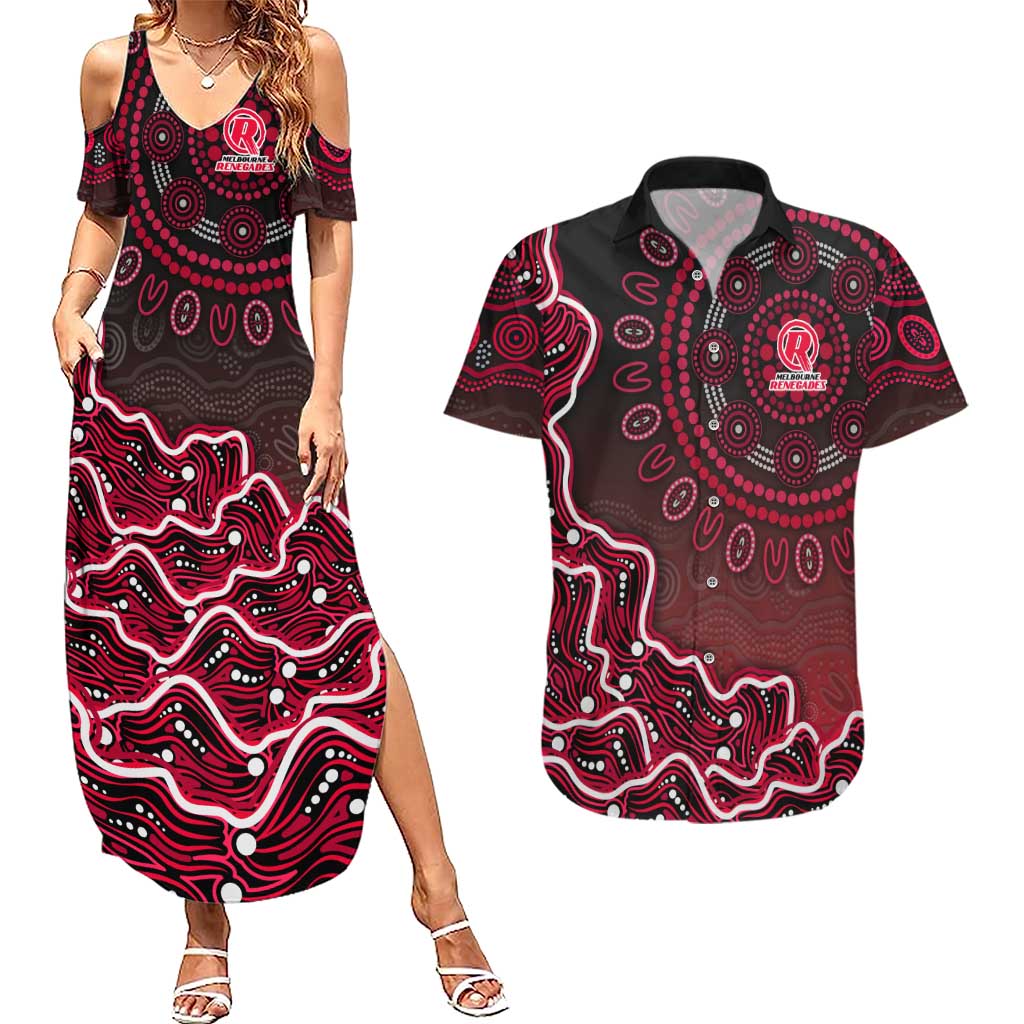 Melbourne Renegades Cricket Mascot Couples Matching Summer Maxi Dress and Hawaiian Shirt Aboriginal Dot Art Red And Black Tribal Pattern