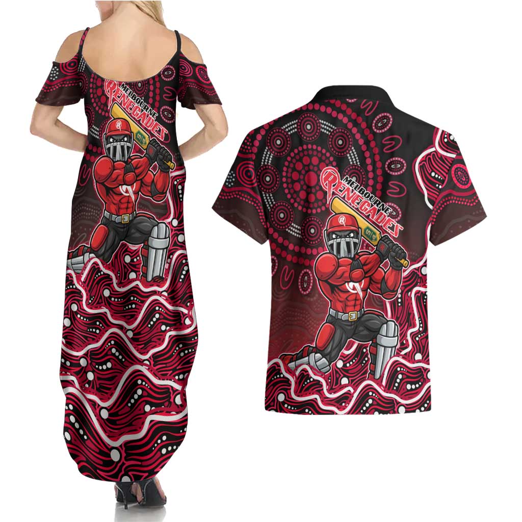 Melbourne Renegades Cricket Mascot Couples Matching Summer Maxi Dress and Hawaiian Shirt Aboriginal Dot Art Red And Black Tribal Pattern