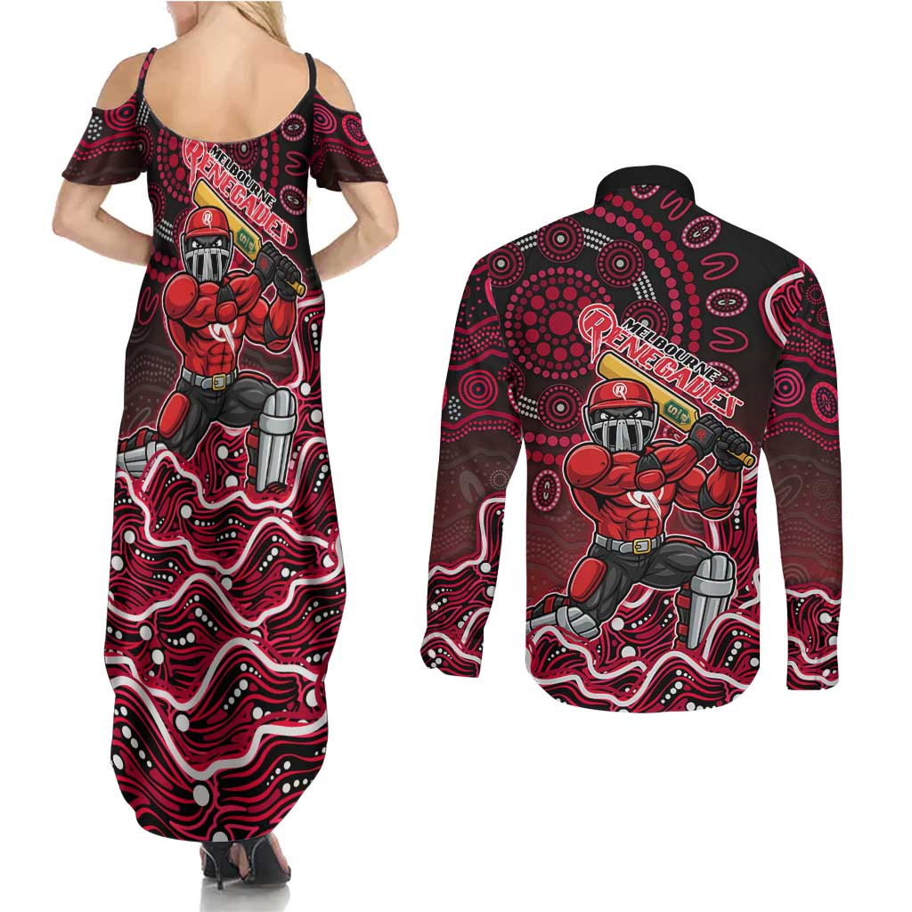 Melbourne Renegades Cricket Mascot Couples Matching Summer Maxi Dress and Long Sleeve Button Shirt Aboriginal Dot Art Red And Black Tribal Pattern