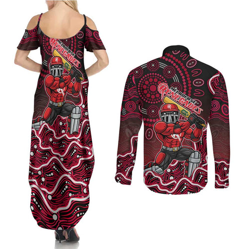 Melbourne Renegades Cricket Mascot Couples Matching Summer Maxi Dress and Long Sleeve Button Shirt Aboriginal Dot Art Red And Black Tribal Pattern