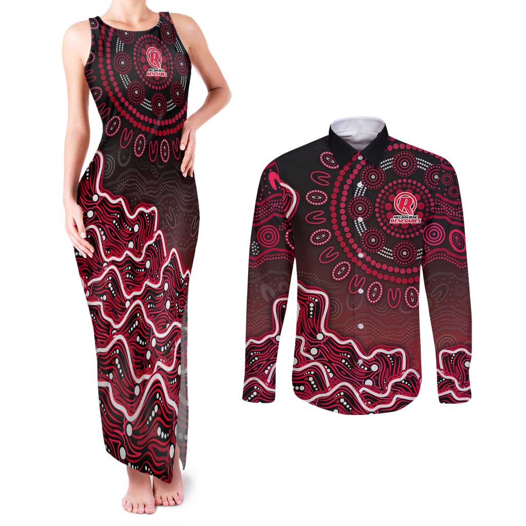 Melbourne Renegades Cricket Mascot Couples Matching Tank Maxi Dress and Long Sleeve Button Shirt Aboriginal Dot Art Red And Black Tribal Pattern