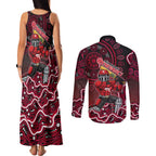 Melbourne Renegades Cricket Mascot Couples Matching Tank Maxi Dress and Long Sleeve Button Shirt Aboriginal Dot Art Red And Black Tribal Pattern