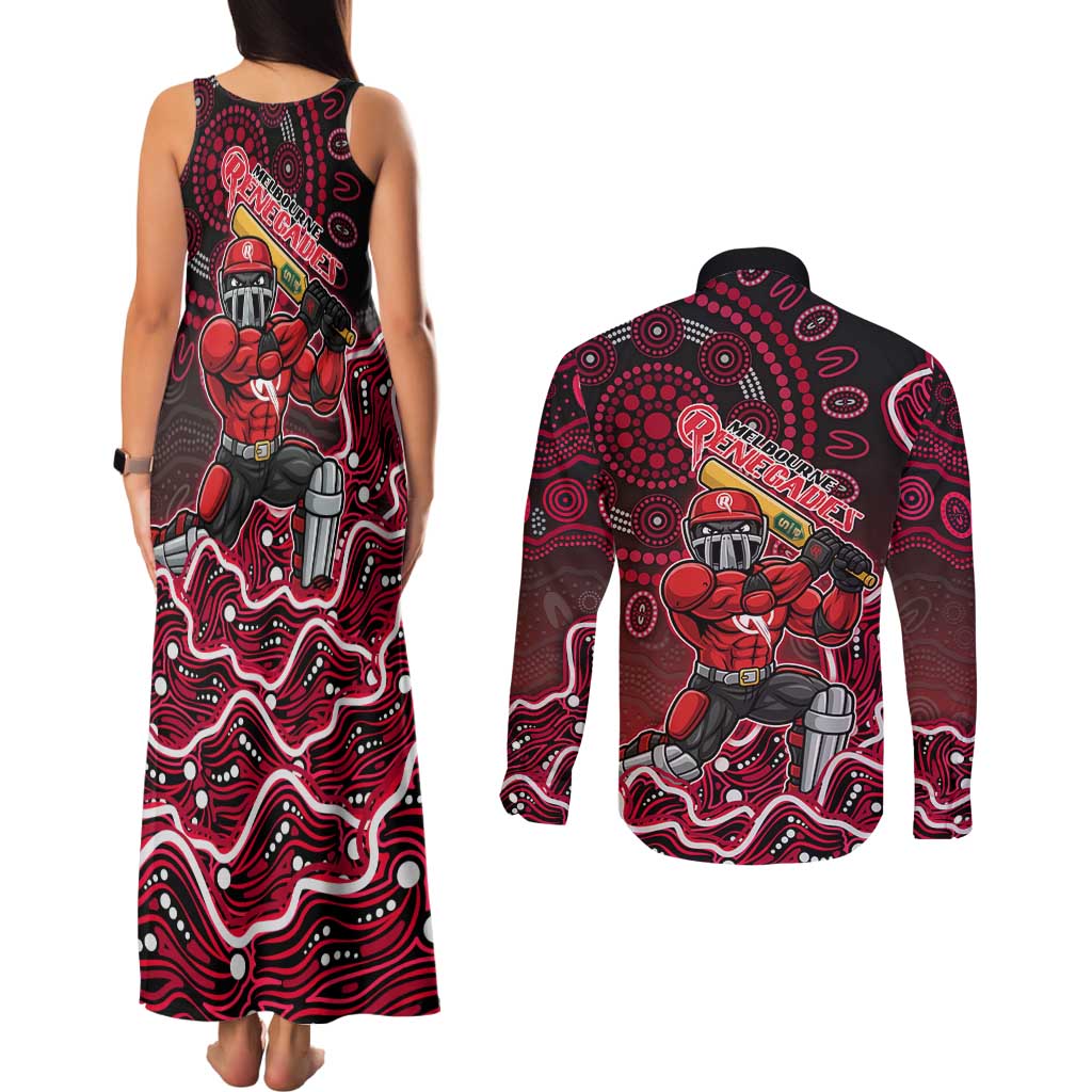 Melbourne Renegades Cricket Mascot Couples Matching Tank Maxi Dress and Long Sleeve Button Shirt Aboriginal Dot Art Red And Black Tribal Pattern