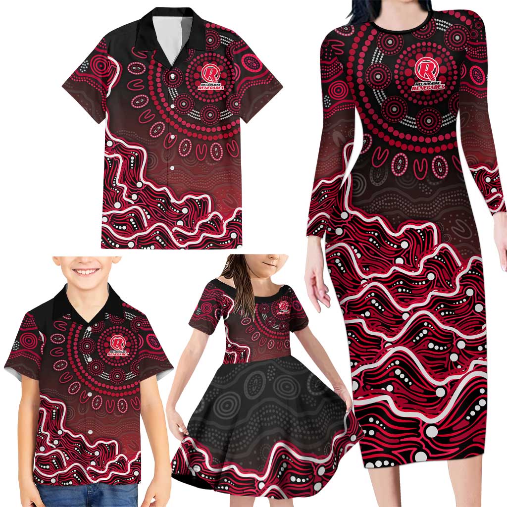 Melbourne Renegades Cricket Mascot Family Matching Long Sleeve Bodycon Dress and Hawaiian Shirt Aboriginal Dot Art Red And Black Tribal Pattern