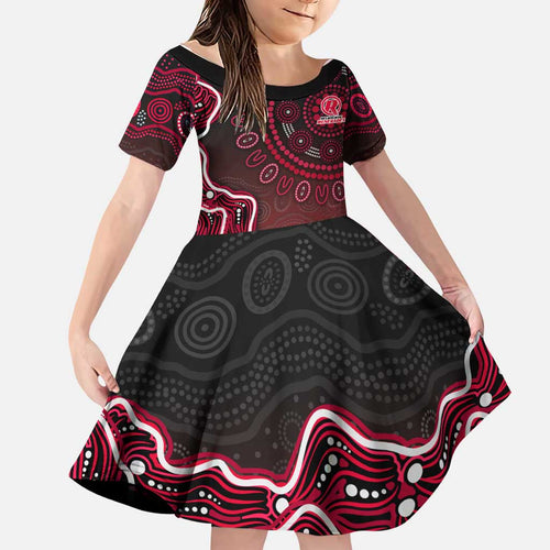 Melbourne Renegades Cricket Mascot Family Matching Long Sleeve Bodycon Dress and Hawaiian Shirt Aboriginal Dot Art Red And Black Tribal Pattern