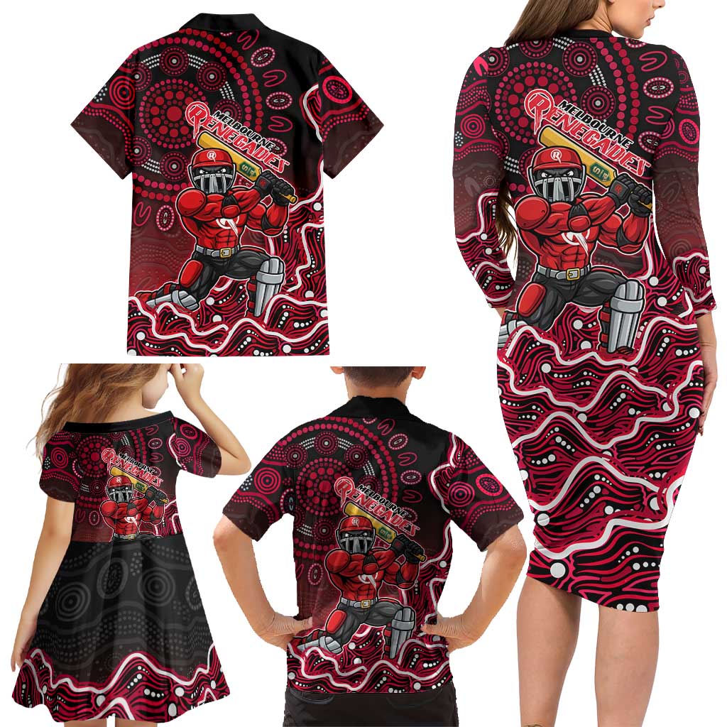 Melbourne Renegades Cricket Mascot Family Matching Long Sleeve Bodycon Dress and Hawaiian Shirt Aboriginal Dot Art Red And Black Tribal Pattern