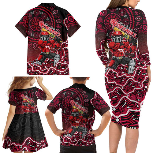 Melbourne Renegades Cricket Mascot Family Matching Long Sleeve Bodycon Dress and Hawaiian Shirt Aboriginal Dot Art Red And Black Tribal Pattern