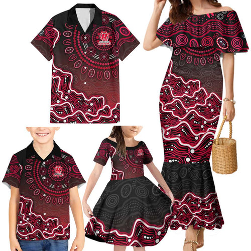 Melbourne Renegades Cricket Mascot Family Matching Mermaid Dress and Hawaiian Shirt Aboriginal Dot Art Red And Black Tribal Pattern