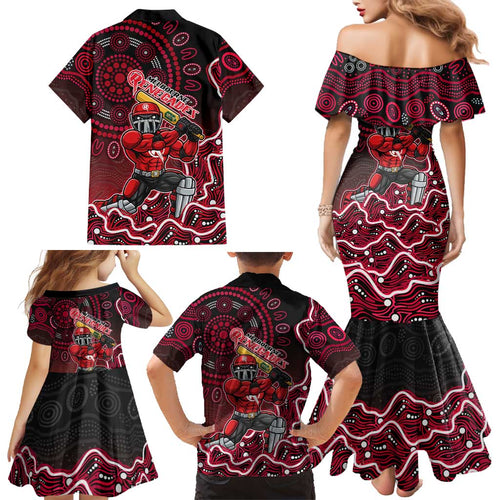 Melbourne Renegades Cricket Mascot Family Matching Mermaid Dress and Hawaiian Shirt Aboriginal Dot Art Red And Black Tribal Pattern