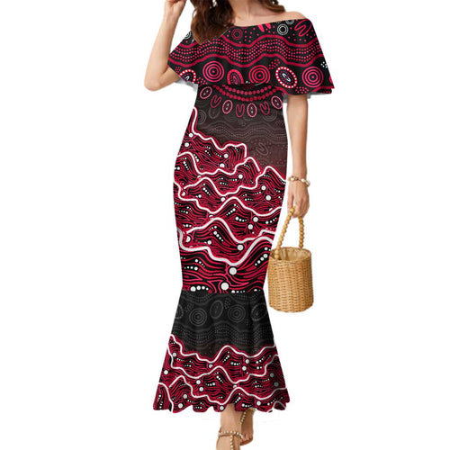Melbourne Renegades Cricket Mascot Family Matching Mermaid Dress and Hawaiian Shirt Aboriginal Dot Art Red And Black Tribal Pattern