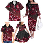 Melbourne Renegades Cricket Mascot Family Matching Off The Shoulder Long Sleeve Dress and Hawaiian Shirt Aboriginal Dot Art Red And Black Tribal Pattern