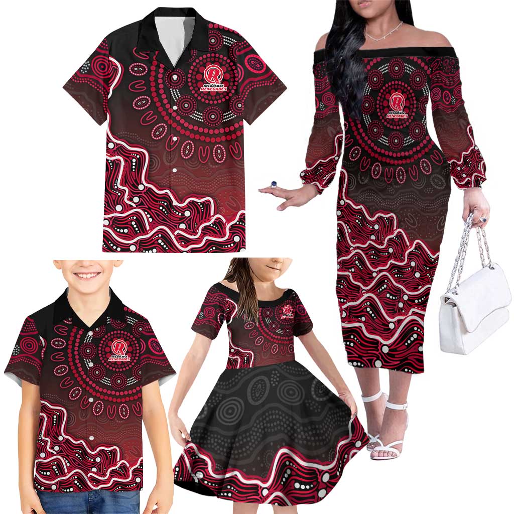 Melbourne Renegades Cricket Mascot Family Matching Off The Shoulder Long Sleeve Dress and Hawaiian Shirt Aboriginal Dot Art Red And Black Tribal Pattern