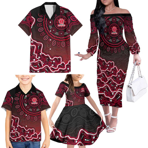 Melbourne Renegades Cricket Mascot Family Matching Off The Shoulder Long Sleeve Dress and Hawaiian Shirt Aboriginal Dot Art Red And Black Tribal Pattern