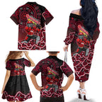 Melbourne Renegades Cricket Mascot Family Matching Off The Shoulder Long Sleeve Dress and Hawaiian Shirt Aboriginal Dot Art Red And Black Tribal Pattern