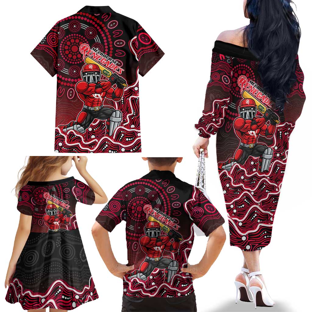 Melbourne Renegades Cricket Mascot Family Matching Off The Shoulder Long Sleeve Dress and Hawaiian Shirt Aboriginal Dot Art Red And Black Tribal Pattern