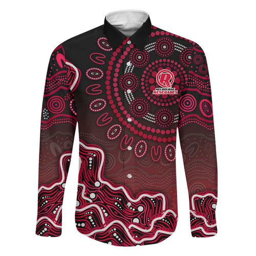 Melbourne Renegades Cricket Mascot Family Matching Off The Shoulder Long Sleeve Dress and Hawaiian Shirt Aboriginal Dot Art Red And Black Tribal Pattern