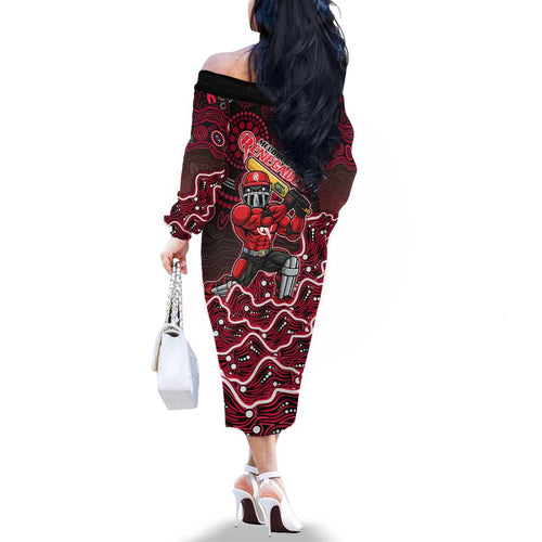 Melbourne Renegades Cricket Mascot Family Matching Off The Shoulder Long Sleeve Dress and Hawaiian Shirt Aboriginal Dot Art Red And Black Tribal Pattern