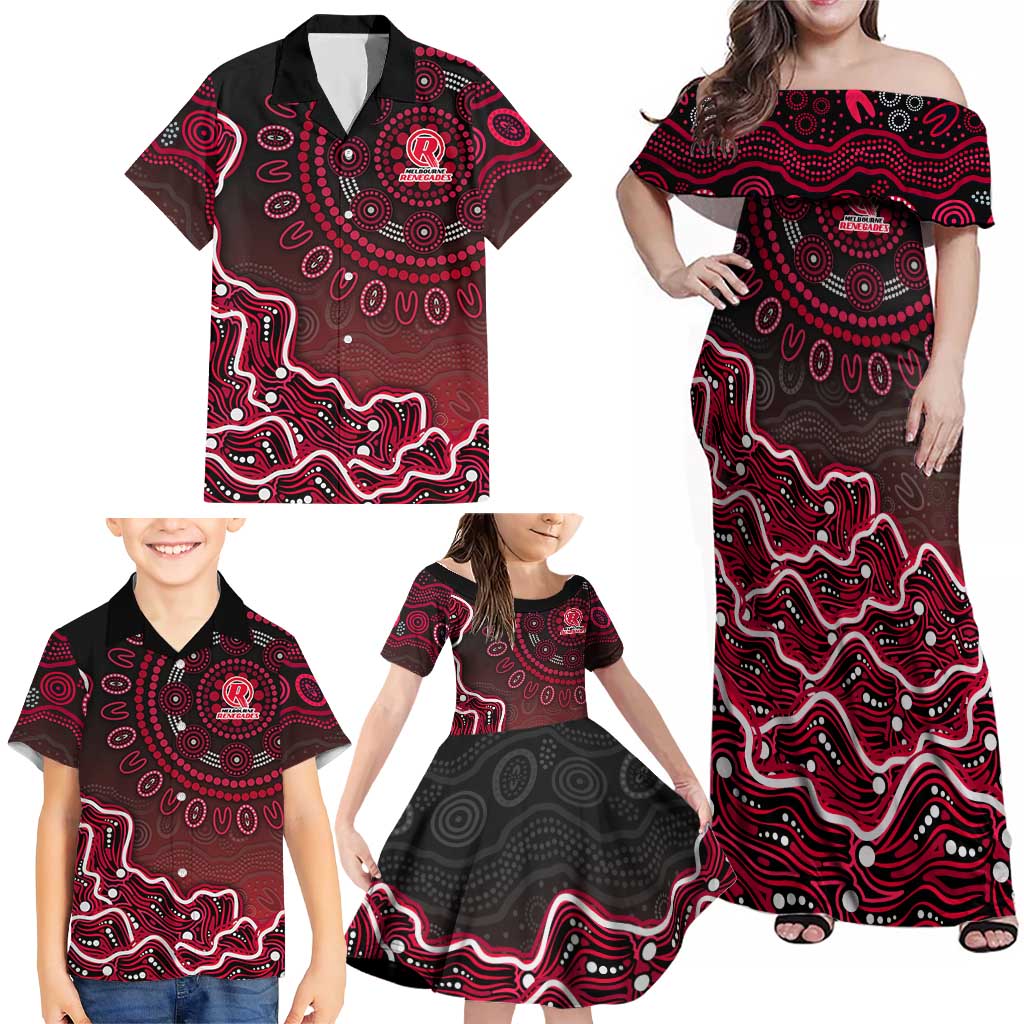 Melbourne Renegades Cricket Mascot Family Matching Off Shoulder Maxi Dress and Hawaiian Shirt Aboriginal Dot Art Red And Black Tribal Pattern