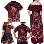 Melbourne Renegades Cricket Mascot Family Matching Off Shoulder Maxi Dress and Hawaiian Shirt Aboriginal Dot Art Red And Black Tribal Pattern