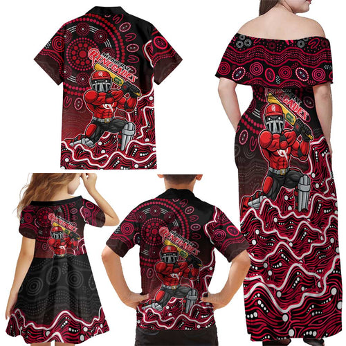 Melbourne Renegades Cricket Mascot Family Matching Off Shoulder Maxi Dress and Hawaiian Shirt Aboriginal Dot Art Red And Black Tribal Pattern