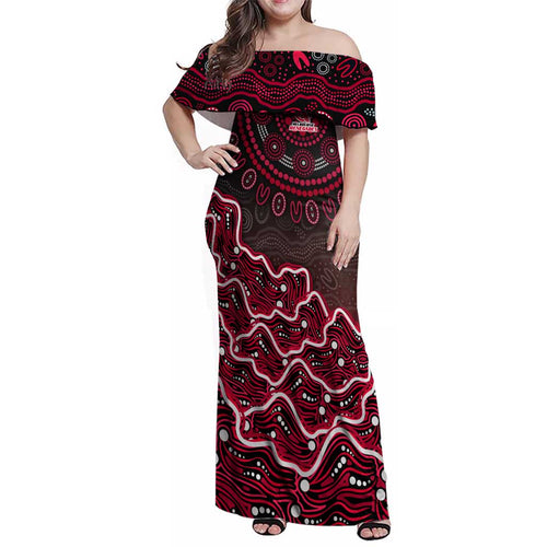 Melbourne Renegades Cricket Mascot Family Matching Off Shoulder Maxi Dress and Hawaiian Shirt Aboriginal Dot Art Red And Black Tribal Pattern