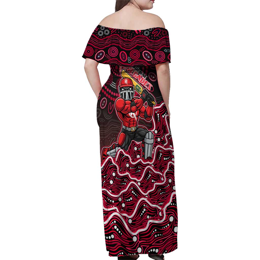 Melbourne Renegades Cricket Mascot Family Matching Off Shoulder Maxi Dress and Hawaiian Shirt Aboriginal Dot Art Red And Black Tribal Pattern