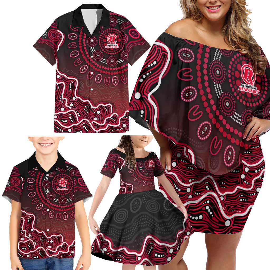 Melbourne Renegades Cricket Mascot Family Matching Off Shoulder Short Dress and Hawaiian Shirt Aboriginal Dot Art Red And Black Tribal Pattern