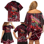 Melbourne Renegades Cricket Mascot Family Matching Off Shoulder Short Dress and Hawaiian Shirt Aboriginal Dot Art Red And Black Tribal Pattern