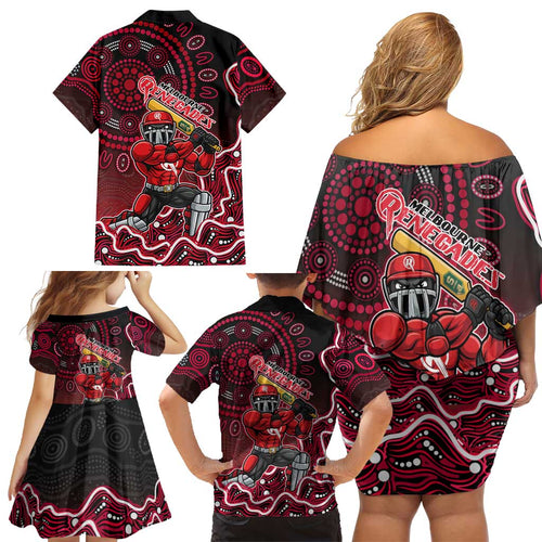 Melbourne Renegades Cricket Mascot Family Matching Off Shoulder Short Dress and Hawaiian Shirt Aboriginal Dot Art Red And Black Tribal Pattern