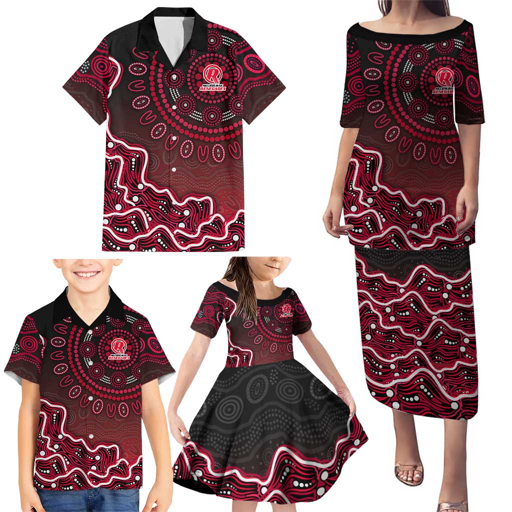 Melbourne Renegades Cricket Mascot Family Matching Puletasi and Hawaiian Shirt Aboriginal Dot Art Red And Black Tribal Pattern