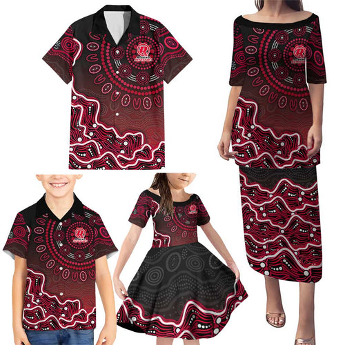 Melbourne Renegades Cricket Mascot Family Matching Puletasi and Hawaiian Shirt Aboriginal Dot Art Red And Black Tribal Pattern