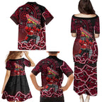 Melbourne Renegades Cricket Mascot Family Matching Puletasi and Hawaiian Shirt Aboriginal Dot Art Red And Black Tribal Pattern