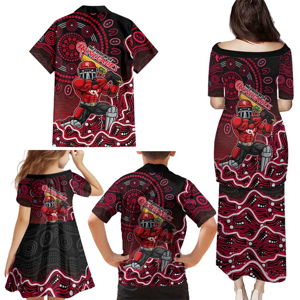 Melbourne Renegades Cricket Mascot Family Matching Puletasi and Hawaiian Shirt Aboriginal Dot Art Red And Black Tribal Pattern