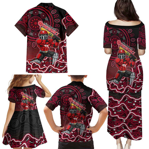 Melbourne Renegades Cricket Mascot Family Matching Puletasi and Hawaiian Shirt Aboriginal Dot Art Red And Black Tribal Pattern
