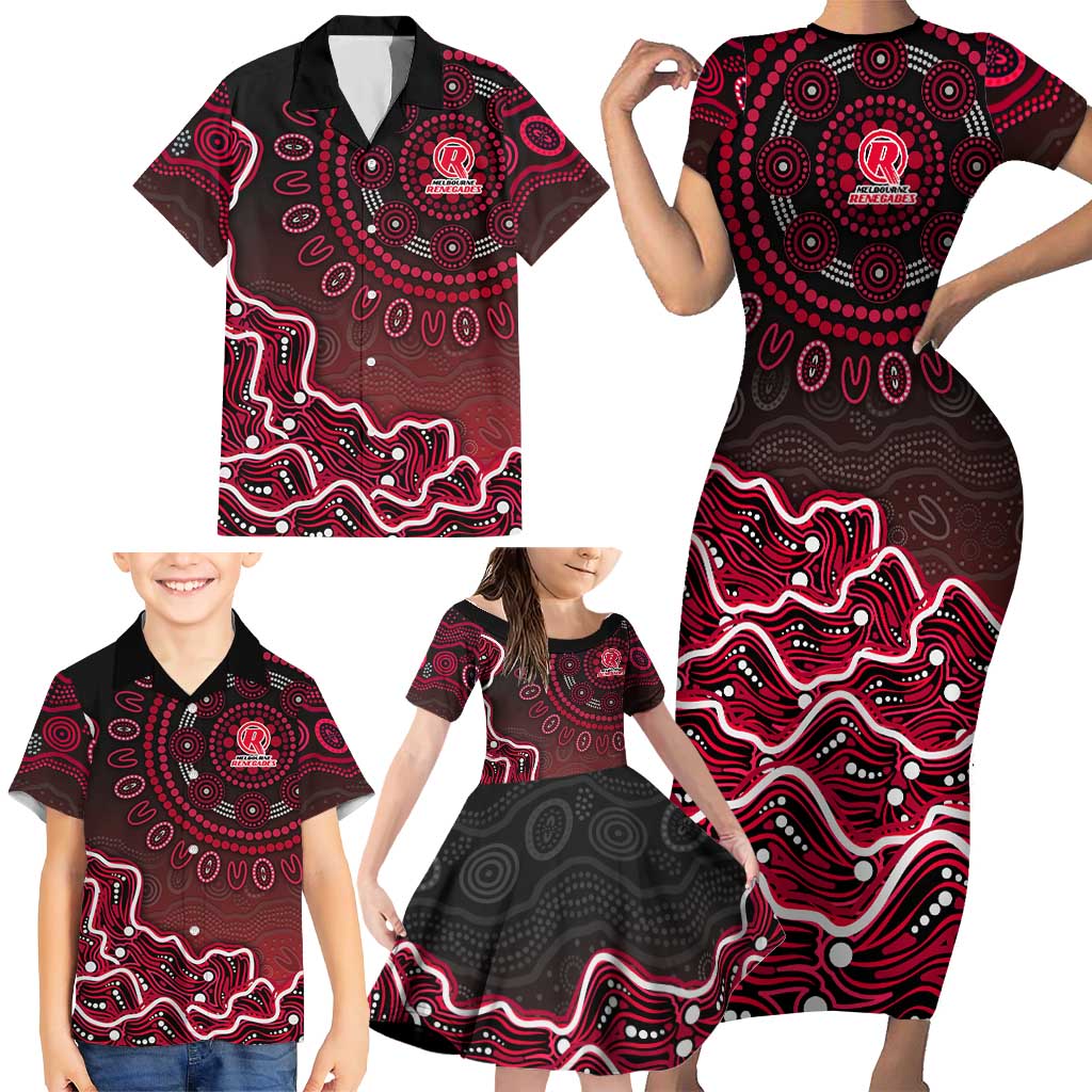 Melbourne Renegades Cricket Mascot Family Matching Short Sleeve Bodycon Dress and Hawaiian Shirt Aboriginal Dot Art Red And Black Tribal Pattern