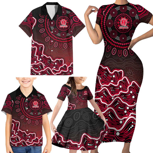 Melbourne Renegades Cricket Mascot Family Matching Short Sleeve Bodycon Dress and Hawaiian Shirt Aboriginal Dot Art Red And Black Tribal Pattern
