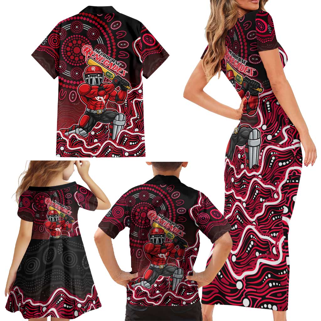 Melbourne Renegades Cricket Mascot Family Matching Short Sleeve Bodycon Dress and Hawaiian Shirt Aboriginal Dot Art Red And Black Tribal Pattern