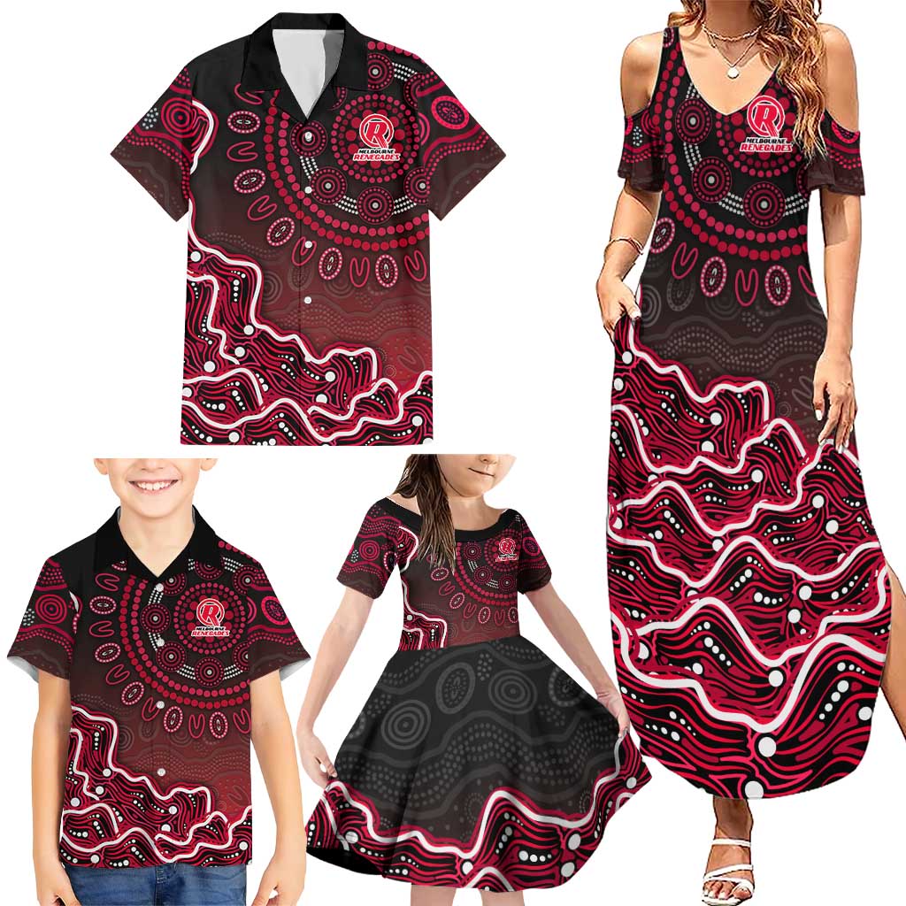 Melbourne Renegades Cricket Mascot Family Matching Summer Maxi Dress and Hawaiian Shirt Aboriginal Dot Art Red And Black Tribal Pattern