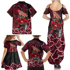 Melbourne Renegades Cricket Mascot Family Matching Summer Maxi Dress and Hawaiian Shirt Aboriginal Dot Art Red And Black Tribal Pattern