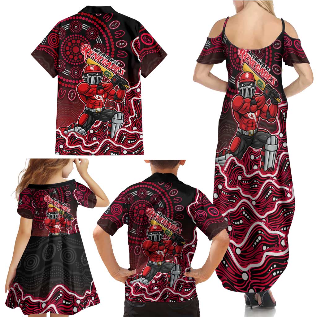 Melbourne Renegades Cricket Mascot Family Matching Summer Maxi Dress and Hawaiian Shirt Aboriginal Dot Art Red And Black Tribal Pattern