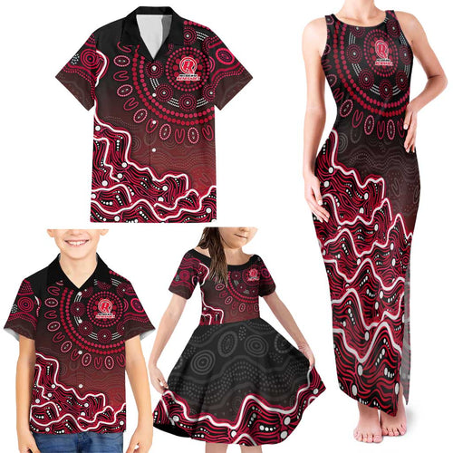 Melbourne Renegades Cricket Mascot Family Matching Tank Maxi Dress and Hawaiian Shirt Aboriginal Dot Art Red And Black Tribal Pattern