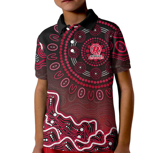 Melbourne Renegades Cricket Mascot Kid Polo Shirt Aboriginal Dot Art Red And Black Tribal Pattern