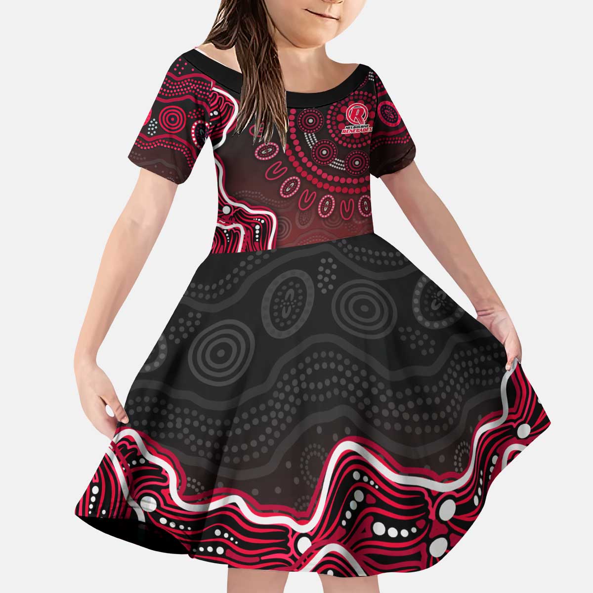 Melbourne Renegades Cricket Mascot Kid Short Sleeve Dress Aboriginal Dot Art Red And Black Tribal Pattern