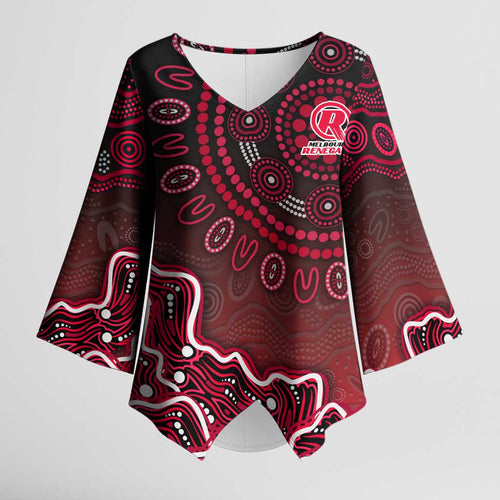 Melbourne Renegades Cricket Mascot Kimono Sleeve Blouse Aboriginal Dot Art Red And Black Tribal Pattern