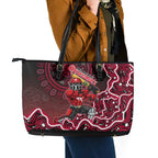 Melbourne Renegades Cricket Mascot Leather Tote Bag Aboriginal Dot Art Red And Black Tribal Pattern