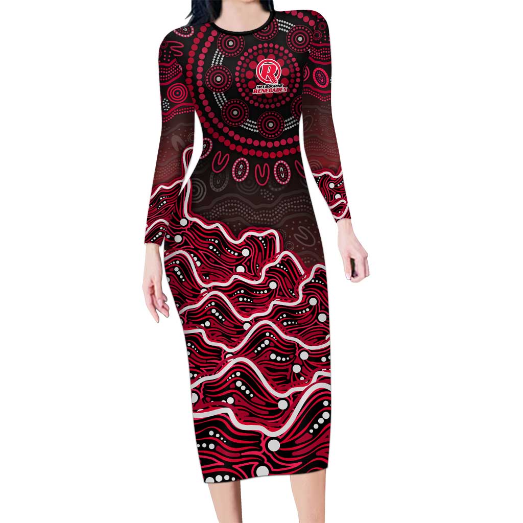 Melbourne Renegades Cricket Mascot Long Sleeve Bodycon Dress Aboriginal Dot Art Red And Black Tribal Pattern