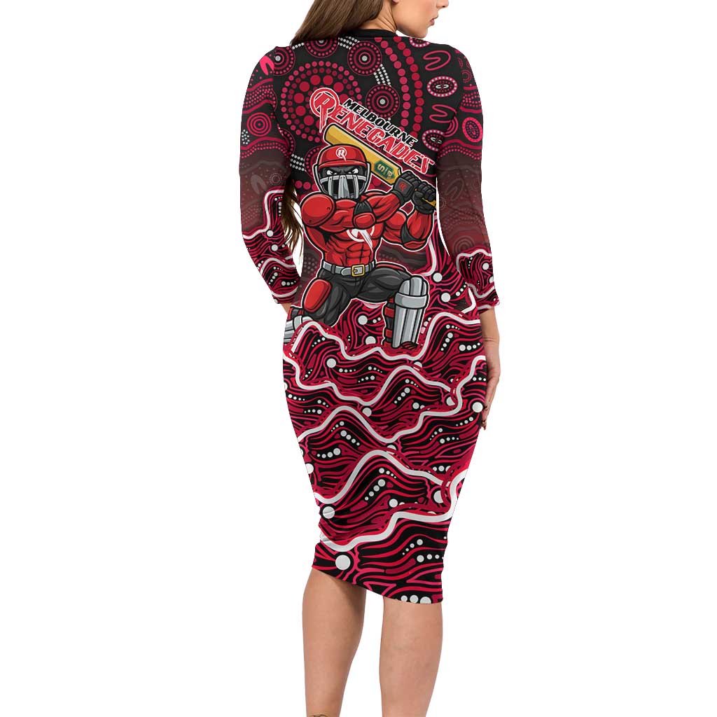 Melbourne Renegades Cricket Mascot Long Sleeve Bodycon Dress Aboriginal Dot Art Red And Black Tribal Pattern